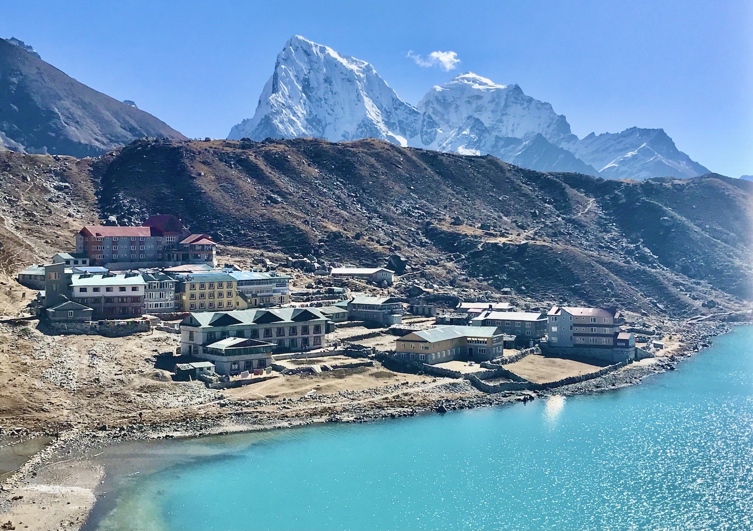 Teahouse accommodations in Gokyo village beside the turquoise Gokyo Lake, with snow-covered Himalayan peaks rising behind the settlement on the Gokyo Valley Trek in Nepal.
