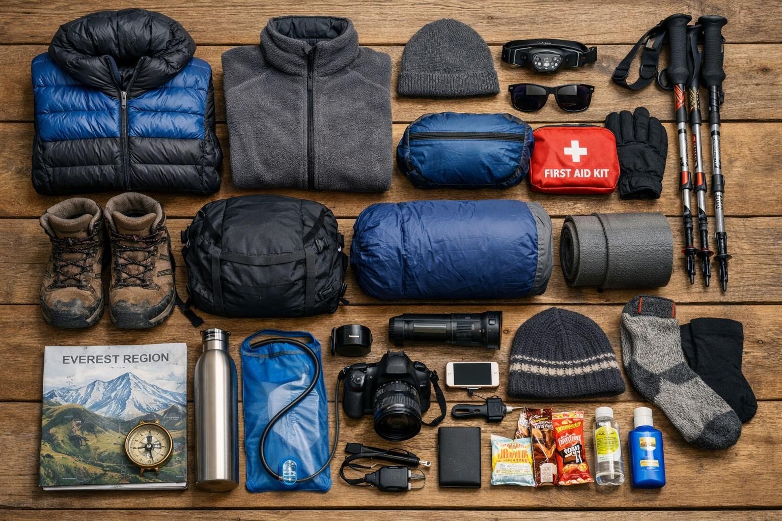 "Everest Base Camp Trek packing list with hiking boots, backpack, down jacket, sleeping bag, trekking poles, gloves, and essential gear for high-altitude trekking" Photo
