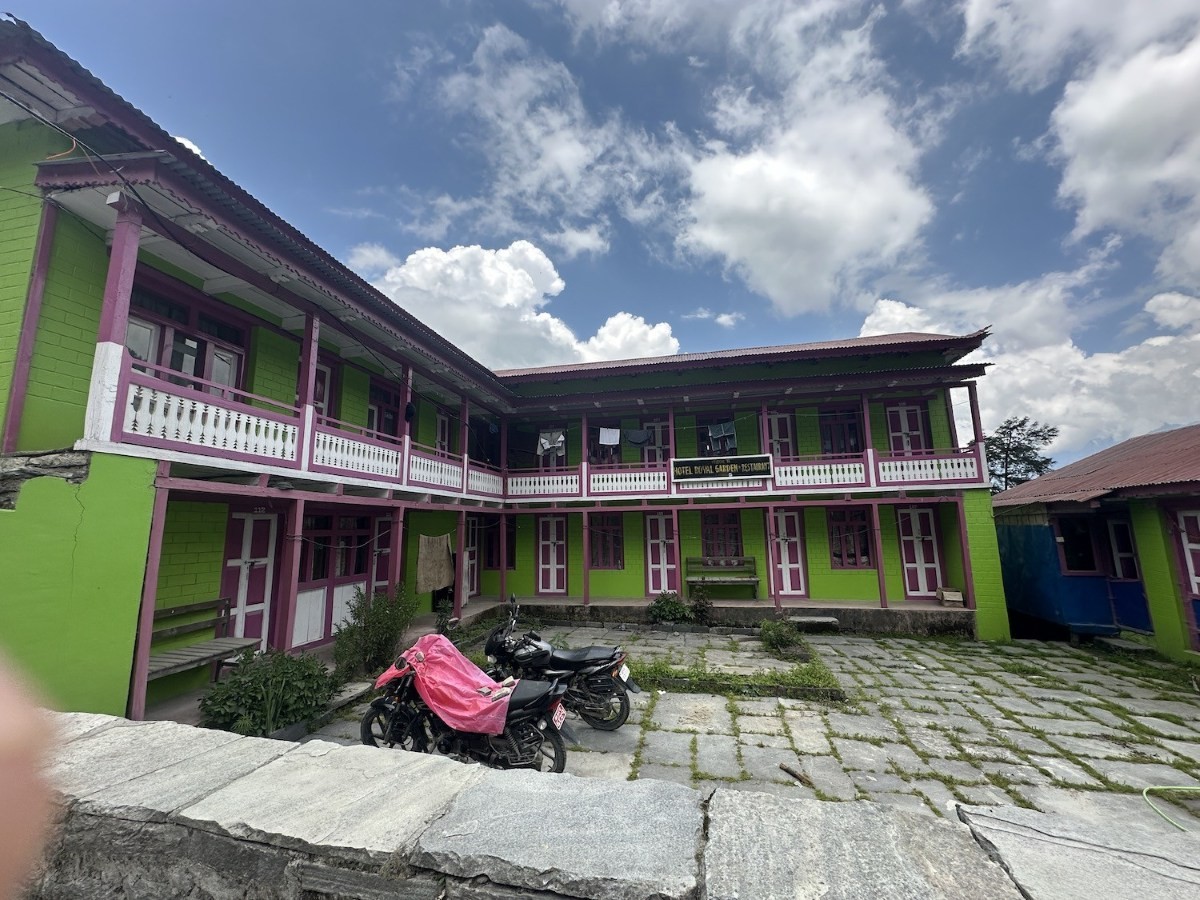 Traditional teahouse in Timang Village on the Annapurna Circuit Trek with cozy twin rooms, a warm dining hall, stone-built lodges, and panoramic views of Manaslu and Lamjung Himal.