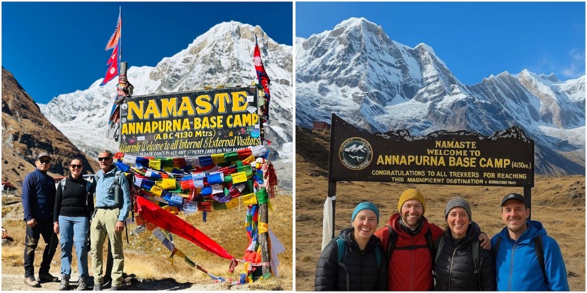 Side-by-side comparison of the old and new Annapurna Base Camp signboard with the Annapurna Himalayas in the background, showing the updated welcome board at 4,130 meters.