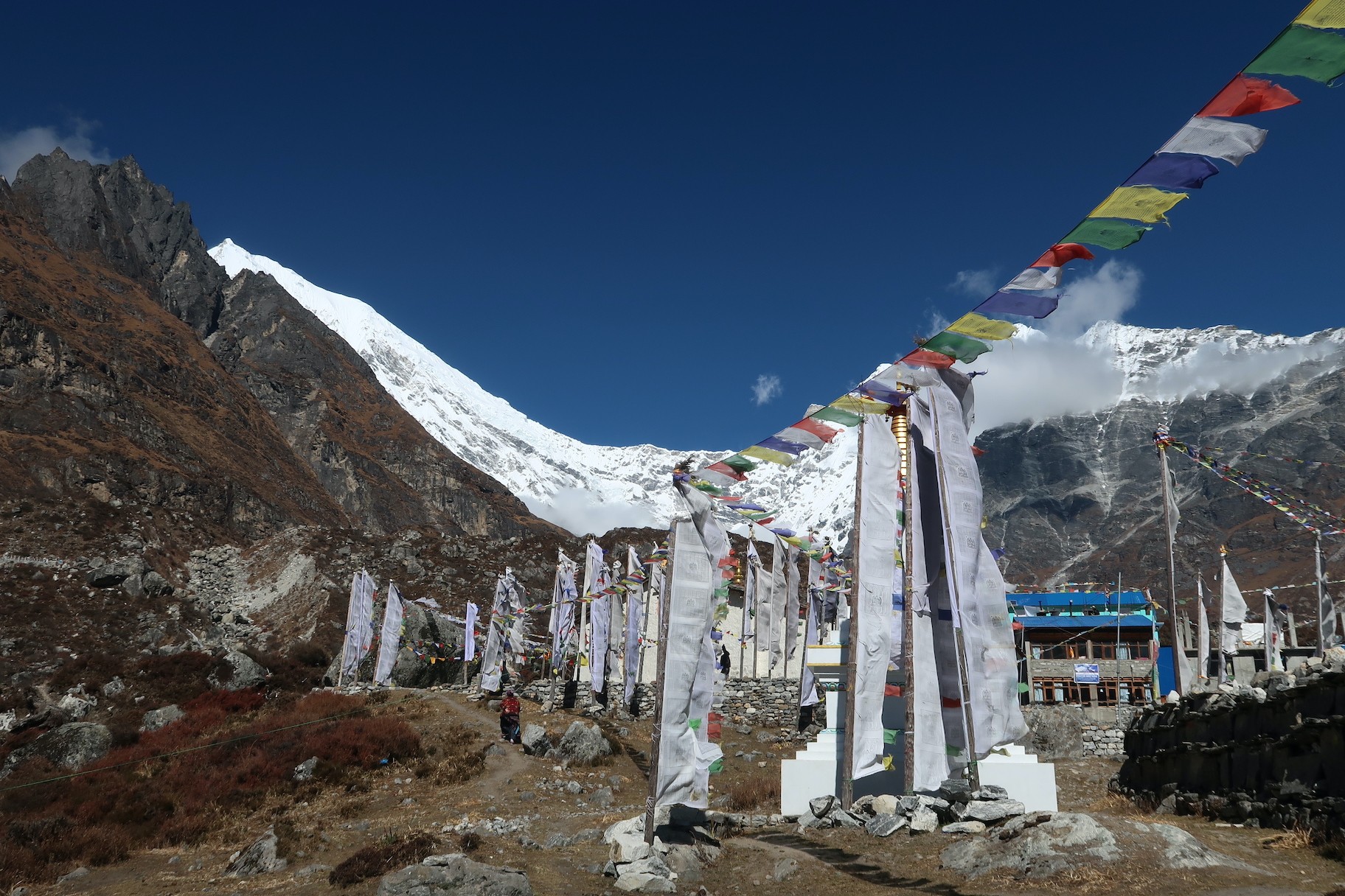 "Kyanjin Gompa Monastery in Langtang Valley, Nepal, surrounded by colorful prayer flags, traditional Buddhist architecture, and snow-capped Himalayan peaks near Langtang Lirung." 