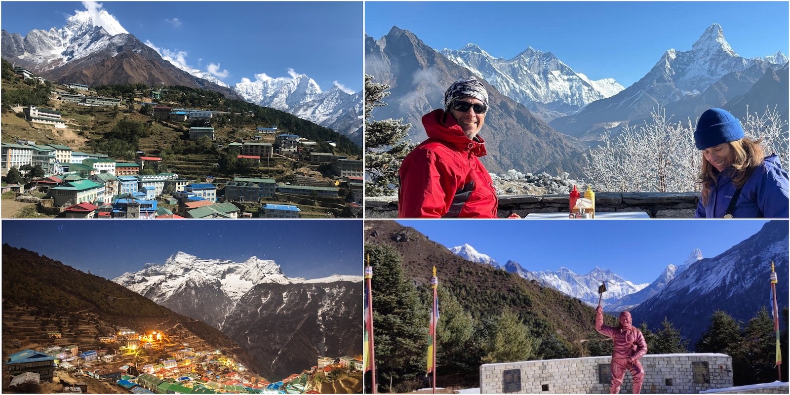 Trekkers hiking from Namche Bazaar to Everest View Hotel with panoramic views of Mount Everest and surrounding Himalayan peaks in Nepal.
