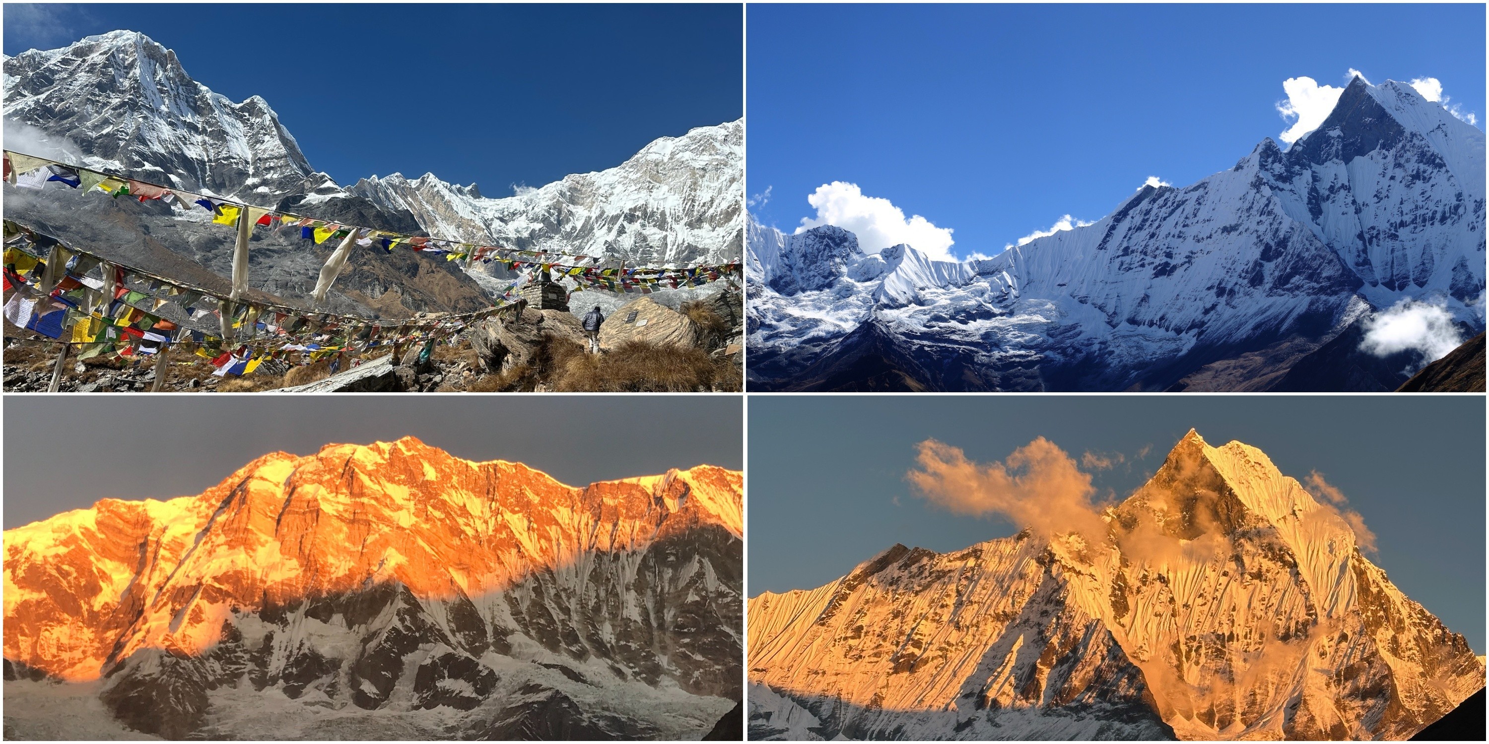 Annapurna Base Camp in October with clear blue skies, colorful autumn scenery, and panoramic views of Annapurna I, Machhapuchhre (Fishtail), and surrounding snow-capped Himalayan peaks.