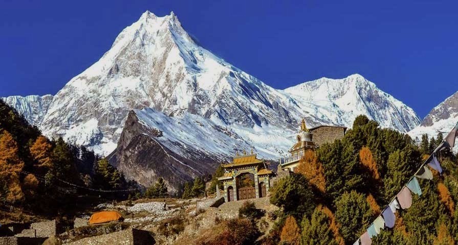 Trekkers passing through a traditional Manaslu village.