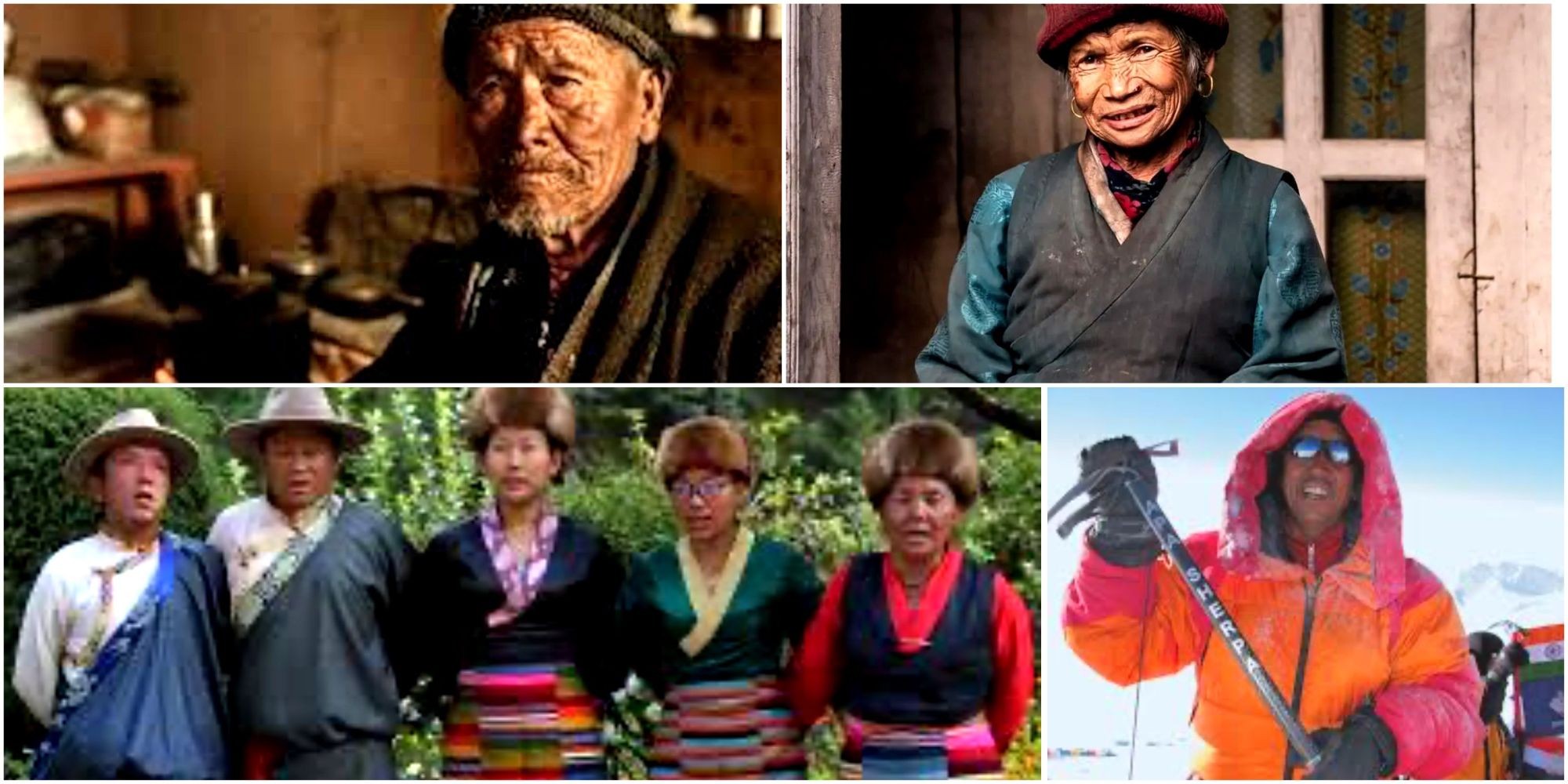 Collage showcasing Sherpa people of Nepal's Everest region, including local elders, traditional Sherpa attire, cultural heritage, and a Sherpa mountaineer during a Himalayan expedition."