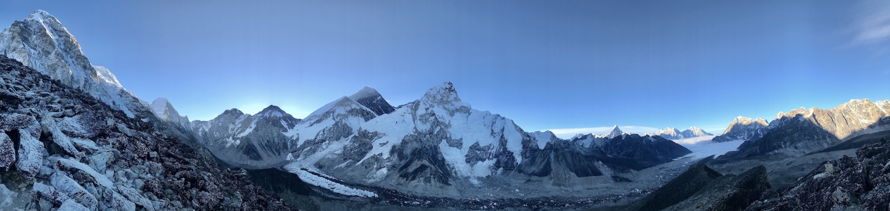 "Panoramic view from Kala Patthar in November featuring Mount Everest, Lhotse, Nuptse, Pumori, and the Khumbu Glacier under crystal-clear autumn skies" 