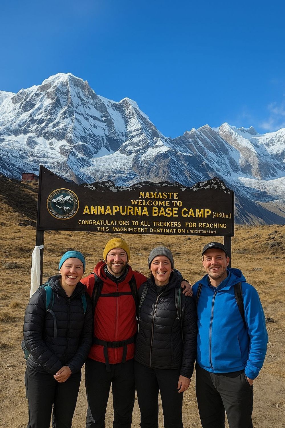 Trekkers posing beside the Annapurna Base Camp signboard, surrounded by snow-covered Himalayan peaks in the Annapurna Sanctuary.