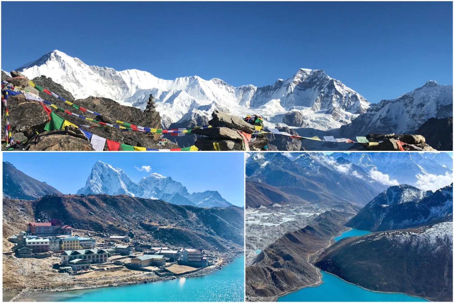 Collage of Gokyo Ri featuring panoramic Himalayan peaks, turquoise Gokyo Lakes, Ngozumpa Glacier, and Gokyo Village beneath Cho Oyu in Nepal's Everest region.