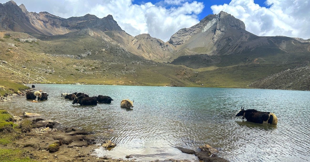 "Ice Lake near Manang on the Annapurna Circuit Trek with crystal-clear alpine water reflecting snow-covered Himalayan peaks under a deep blue sky in Nepal."