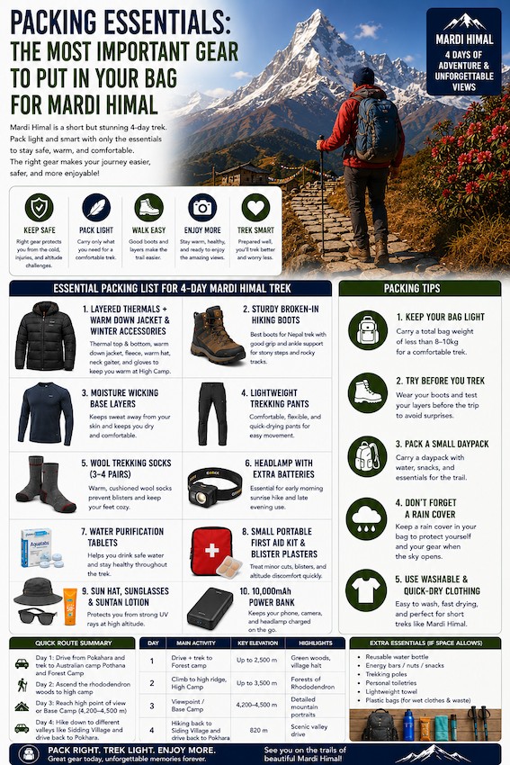 Essential packing list for the Mardi Himal Trek, including hiking boots, warm clothing, backpack, and trekking gear.