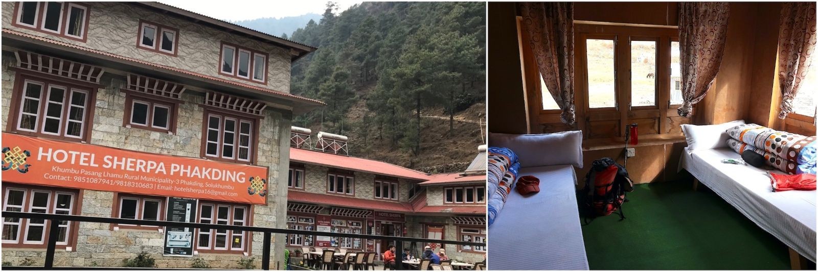 A two-panel image showing the exterior stone facade of Hotel Sherpa in Phakding with its sign and outdoor dining terrace alongside a cozy interior bedroom with twin beds and colorful duvets overlooking mountain scenery.  