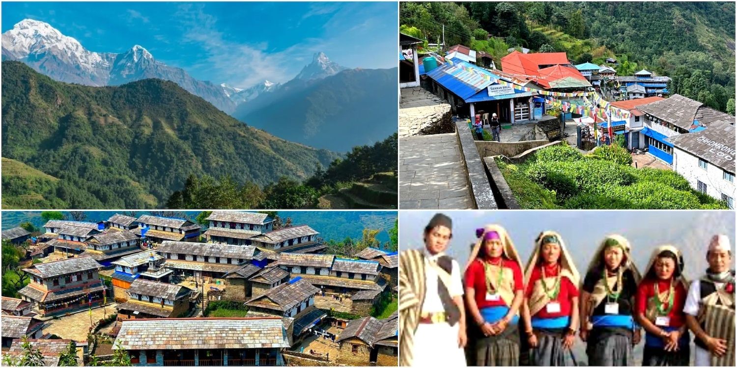 Traditional Gurung culture in Chhomrong and Ghandruk featuring stone houses, local villagers in traditional attire, terraced fields, and the Annapurna Himalayas.