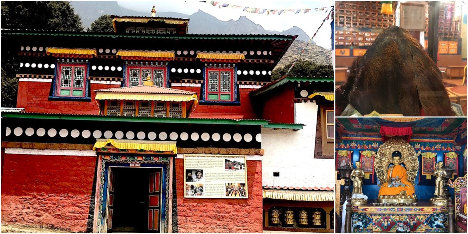 Khumjung Monastery in the Everest region featuring the famous Yeti skull relic, ancient Buddhist artifacts, colorful prayer hall, and traditional Sherpa monastery architecture surrounded by Himalayan mountains.