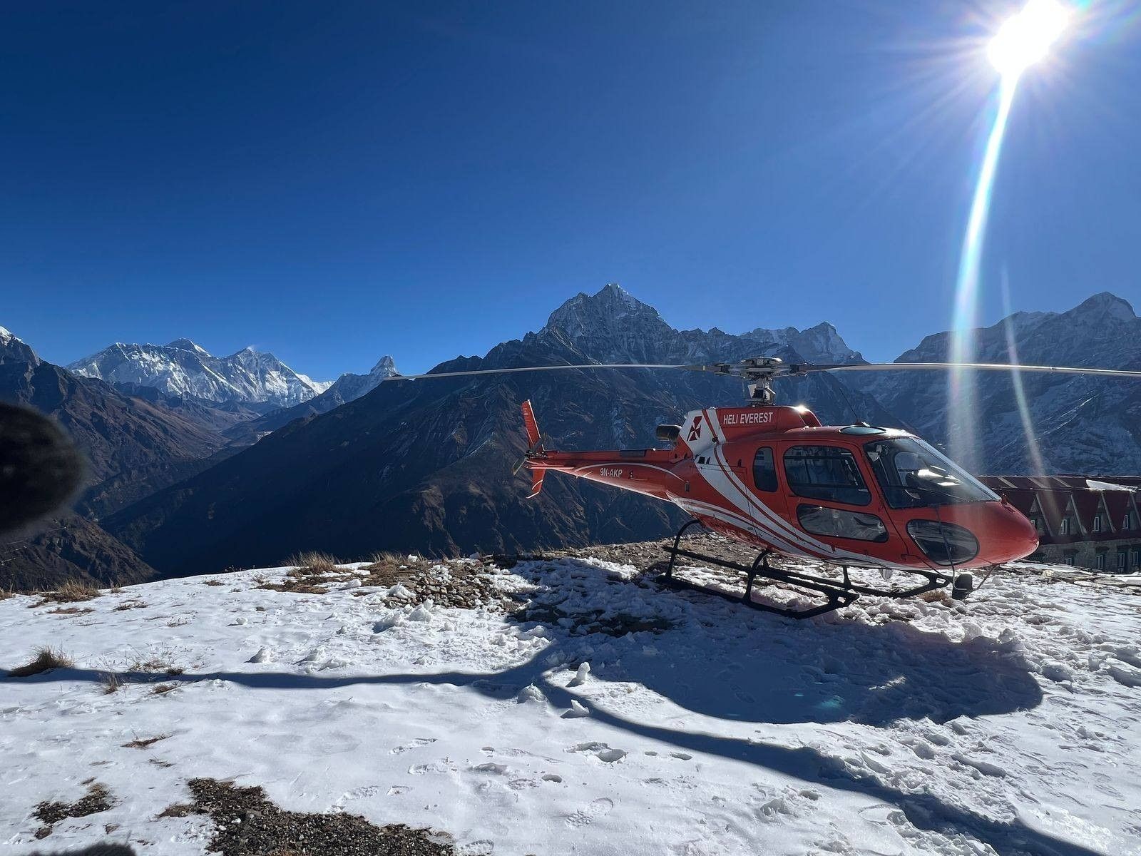 Helicopter tour in the Everest region, surrounded by Mount Everest, Nuptse, Pumori, and the snow-covered Himalayan peaks.