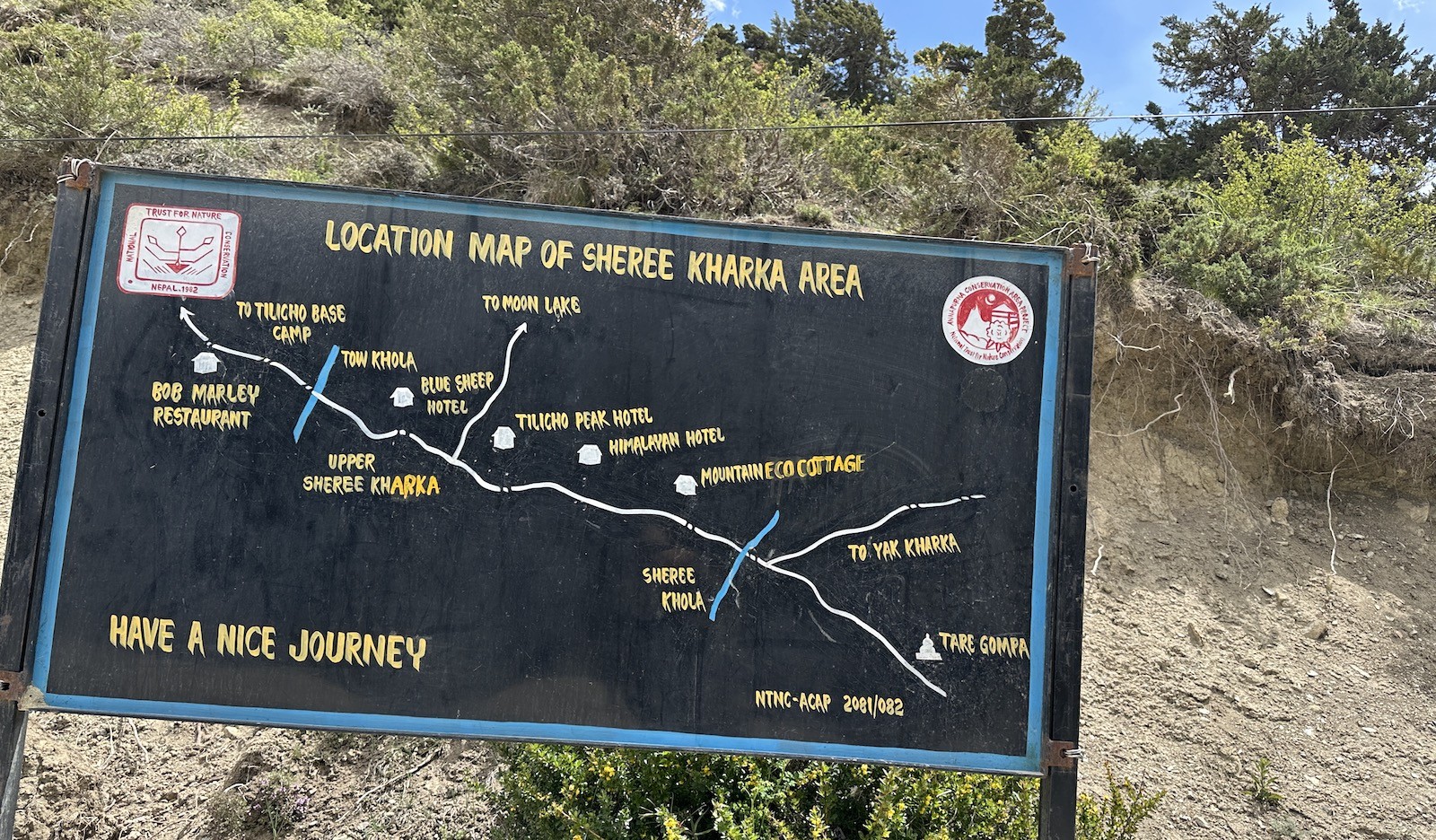 Trail signboard in the Manang region of the Annapurna Circuit showing direction toward Siri Kharka,