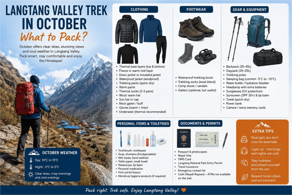 Trekking preparation essentials and gear neatly arranged for a Himalayan trek in Nepal.