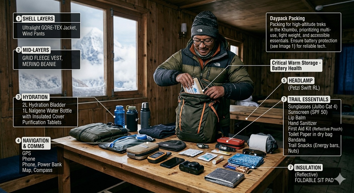 Everest Base Camp trekking daypack packed with essential gear including a water bottle, rain jacket, down layer, snacks, sunglasses, sunscreen, first-aid kit, camera, trekking poles, and personal items, ready for a day on the Himalayan trail.