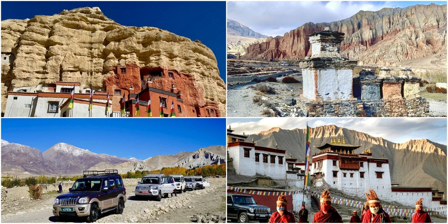 Scenic highlights of the Upper Mustang Trek featuring Lo Manthang, colorful prayer flags, ancient monasteries, dramatic desert landscapes, and panoramic Himalayan views across different trekking seasons.