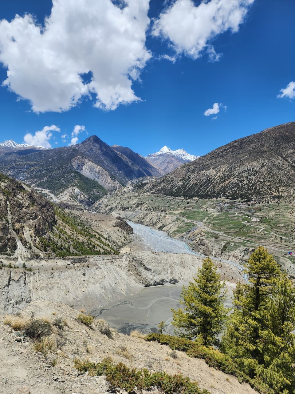 Panoramic view from Chongkor Viewpoint above Manang, featuring Manang Village, Gangapurna Lake, Annapurna II, Annapurna III, Gangapurna, Tilicho Peak, and the dramatic Himalayan landscape under a clear blue sky.