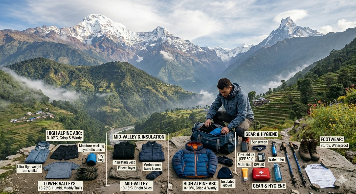 Annapurna Base Camp trekking packing checklist for September with essential gear including clothing, backpack, and safety equipment for Nepal trek