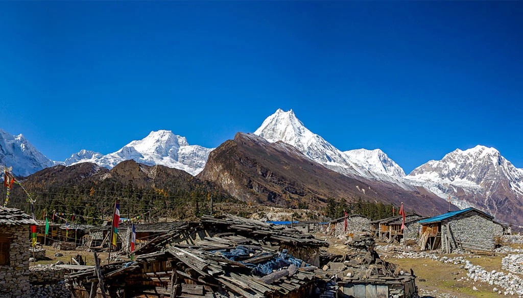 Scenic view of Shyala Village with Manaslu peak in the background