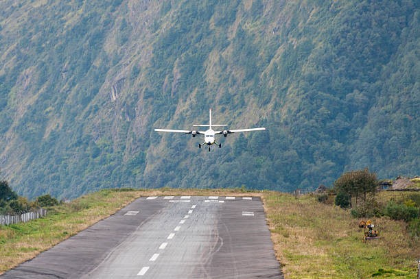 "Lukla Airport with a small aircraft on the mountain runway surrounded by dramatic Himalayan peaks, the gateway to the Everest Base Camp Trek."