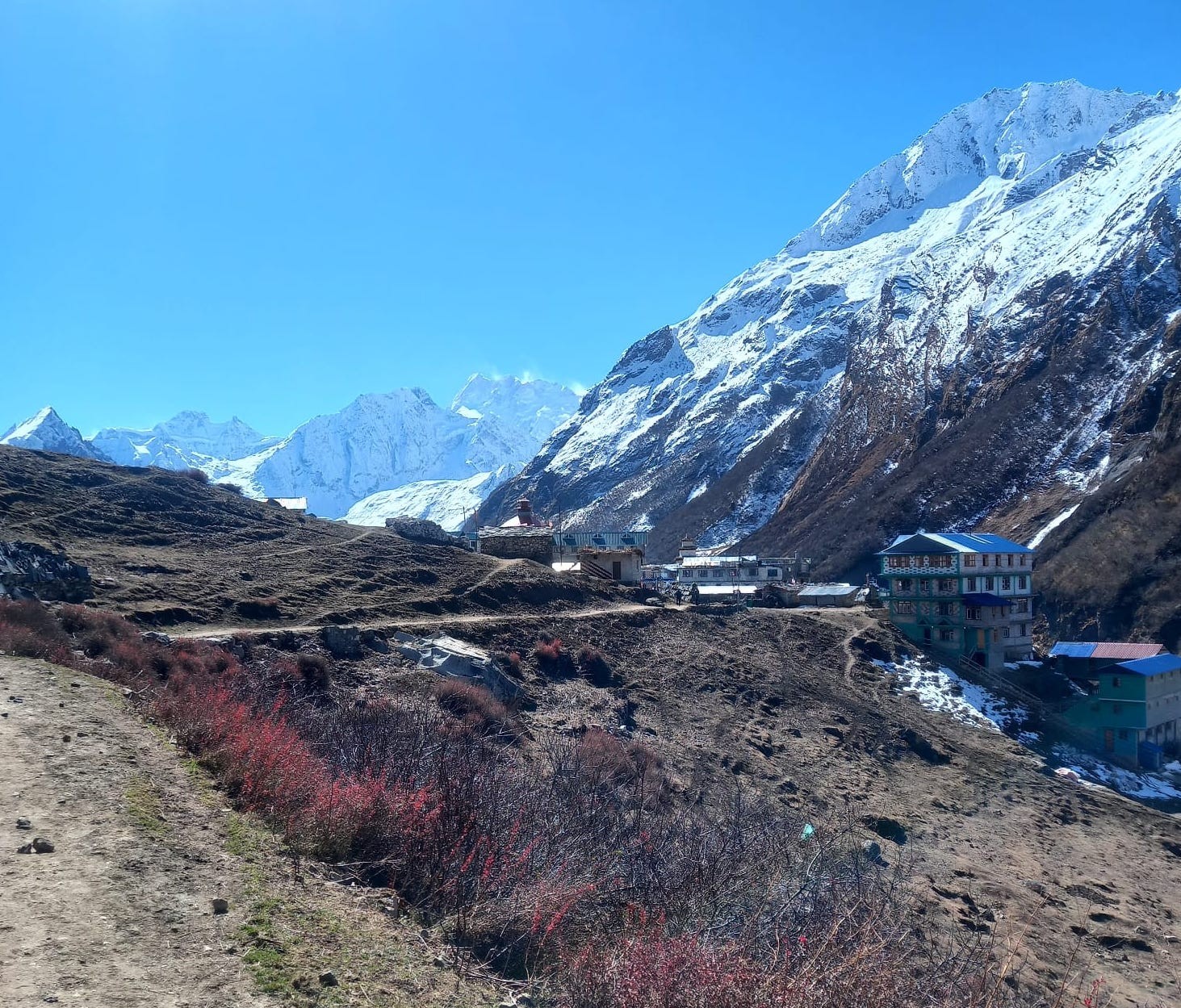 Samdo village with mountains rising behind in Manaslu region