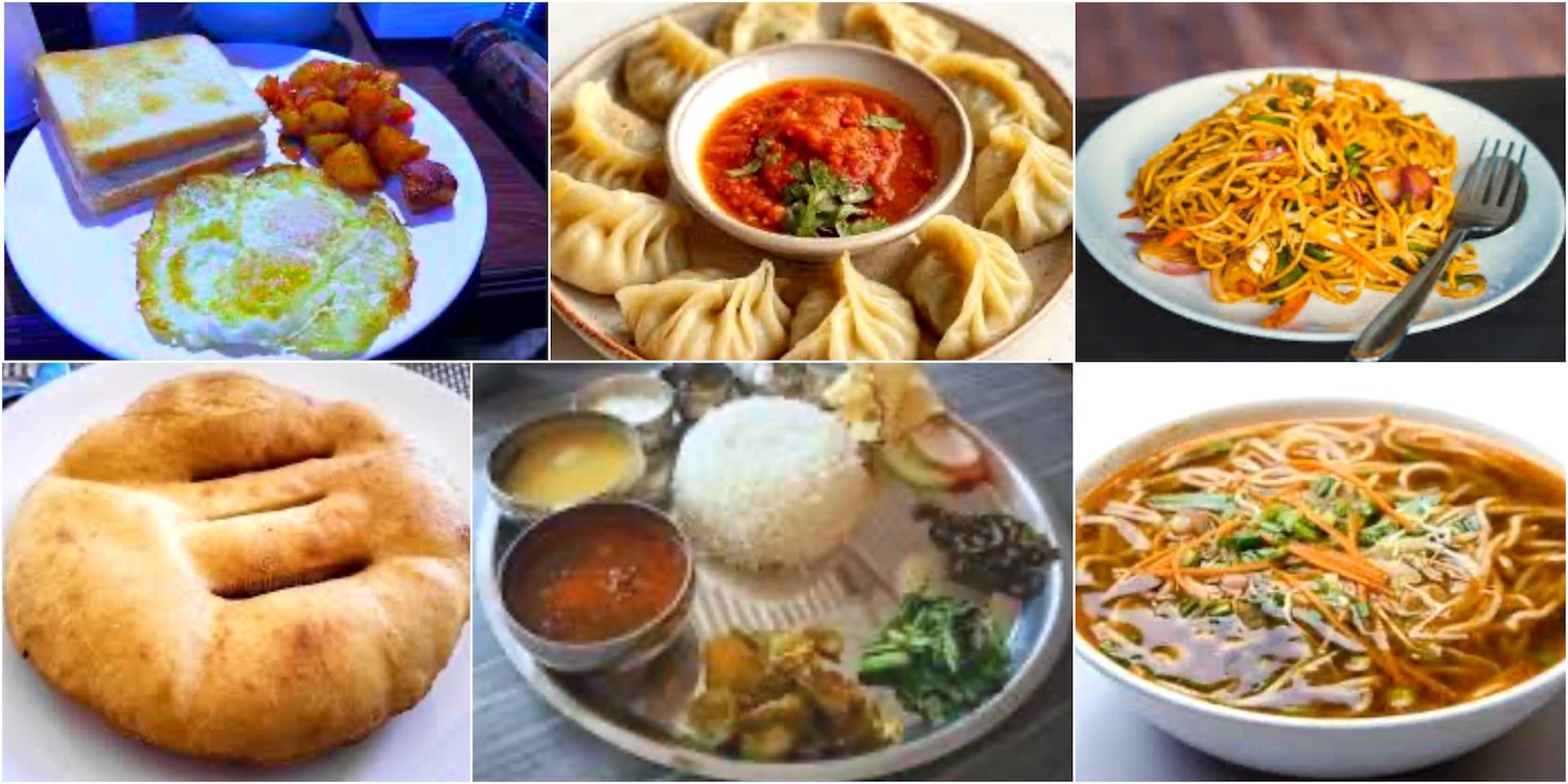 "Traditional meals served at a Himalayan teahouse during the Everest Base Camp and Gokyo Lakes Trek, featuring dal bhat, noodles, soup, tea, and other freshly prepared trekking food."