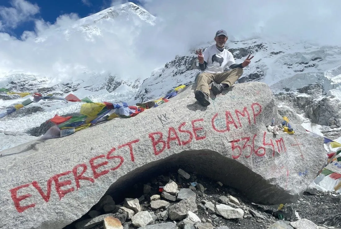 Everest Base Camp at 5,364 m with clear Himalayan views in September, Nepal.