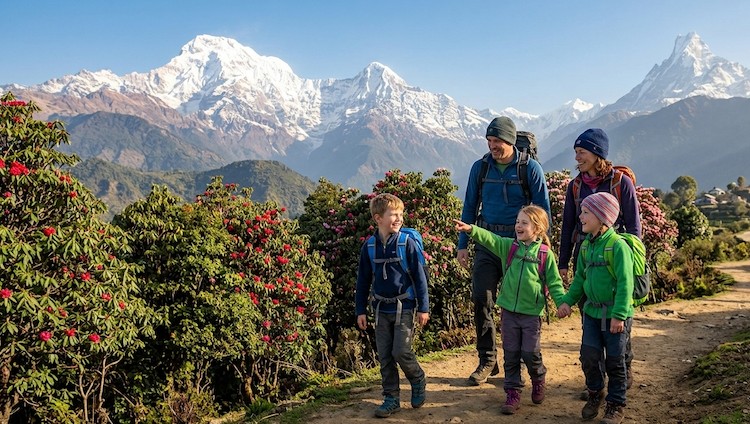 Family trekking together on a safe Himalayan trail with mountain views, forests, and traditional villages in Nepal.