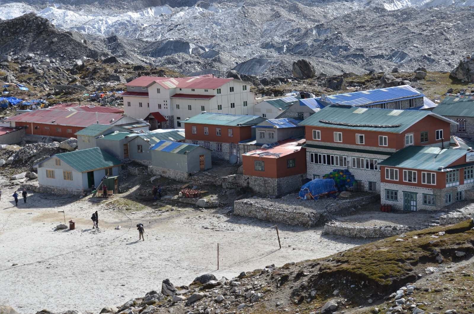 Traditional teahouse lodge in Gorak Shep on the Everest Base Camp Trek, surrounded by rugged Himalayan terrain and snow-capped peaks, offering accommodation for trekkers before reaching Everest Base Camp and Kala Patthar.
