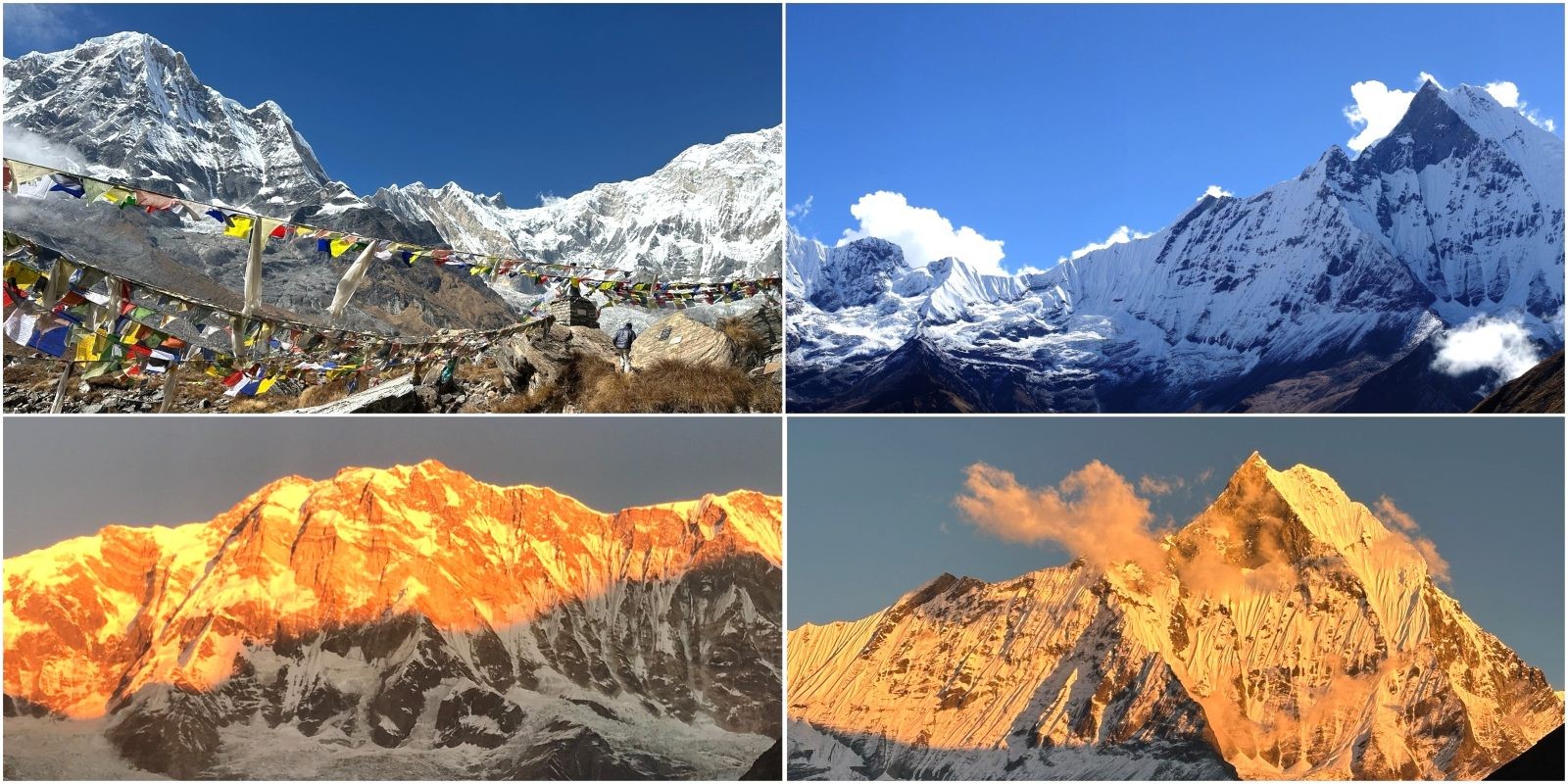 Annapurna Base Camp in October with clear blue skies, colorful autumn scenery, and panoramic views of Annapurna I, Machhapuchhre (Fishtail), and surrounding snow-capped Himalayan peaks.