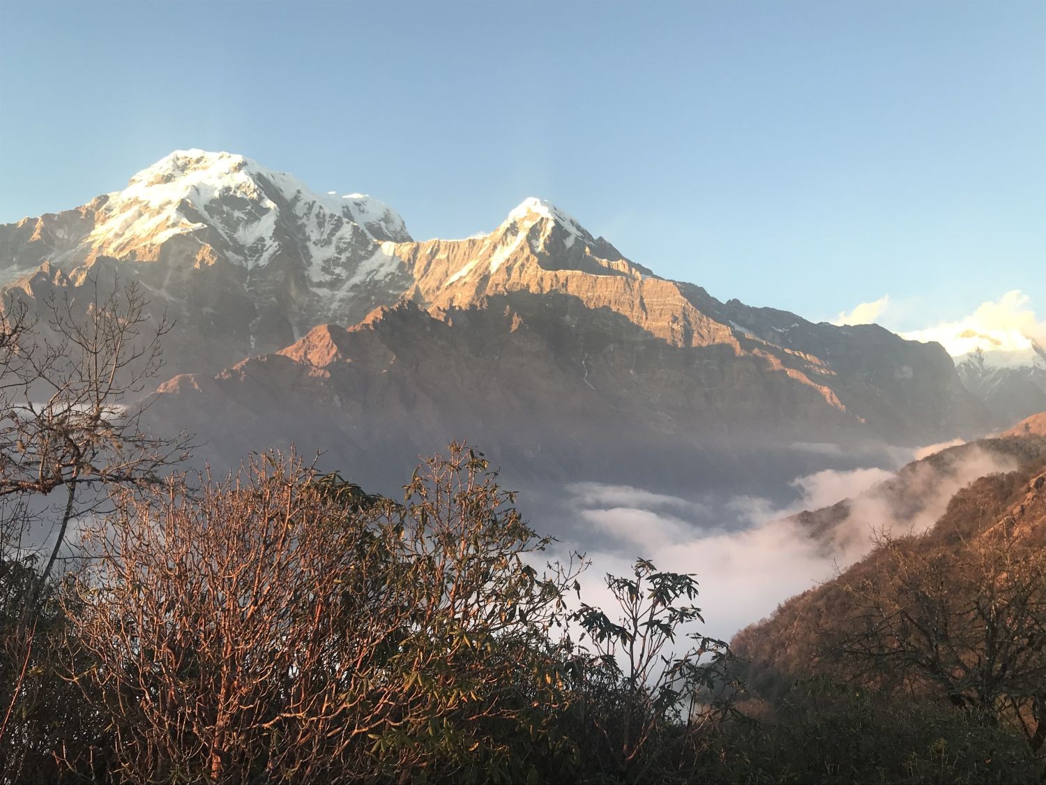 Annapurna South and Hiunchuli viewed from Badal Danda on the Mardi Himal Trek in Nepal.