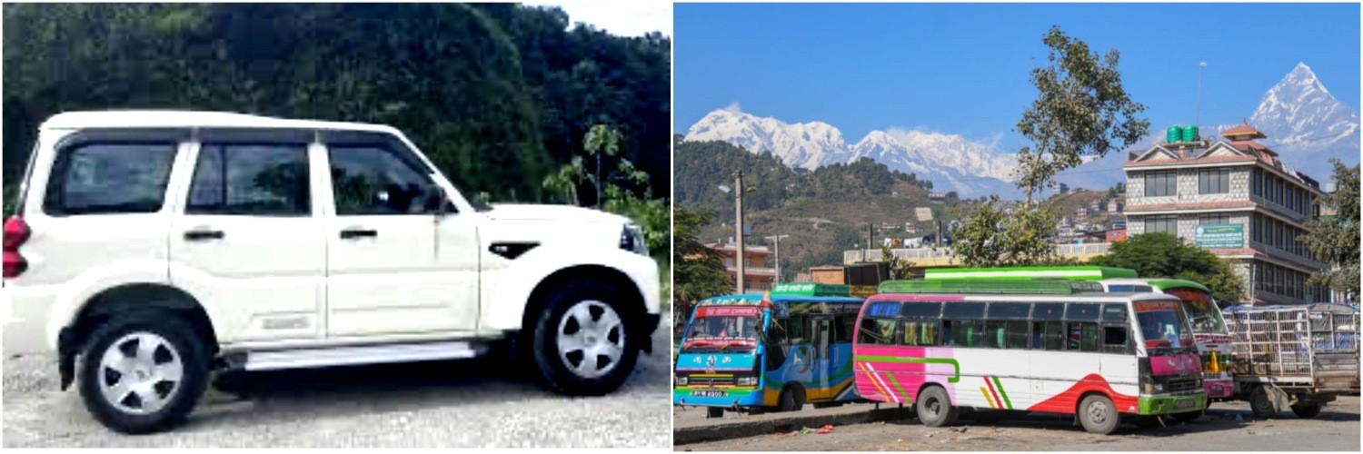 Jeep and local bus traveling on a scenic mountain road from Pokhara to the Mardi Himal Trek trailhead, passing through traditional villages, terraced fields, and lush hills in the Annapurna region of Nepal.