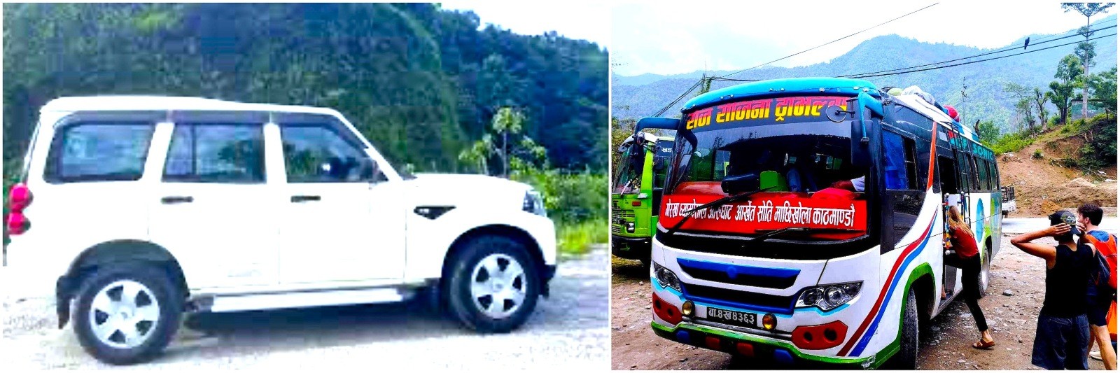 Jeep and local bus transportation on the Manaslu Circuit route in Nepal, traveling along rugged mountain roads through rivers, villages, and Himalayan landscapes toward the trek’s starting point.