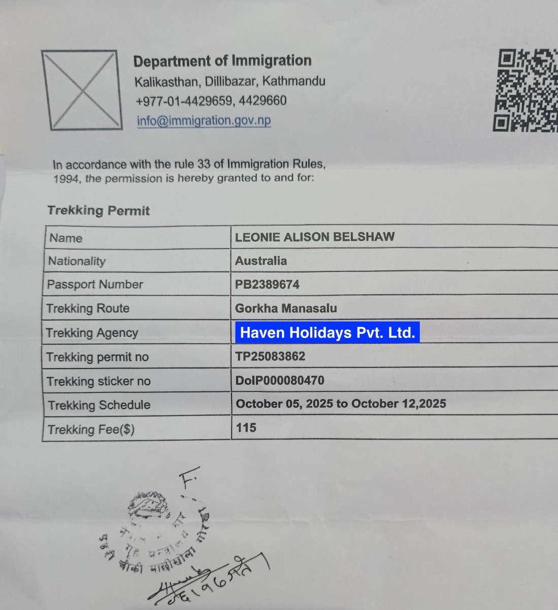 Official documents required for Manaslu Circuit trekking 