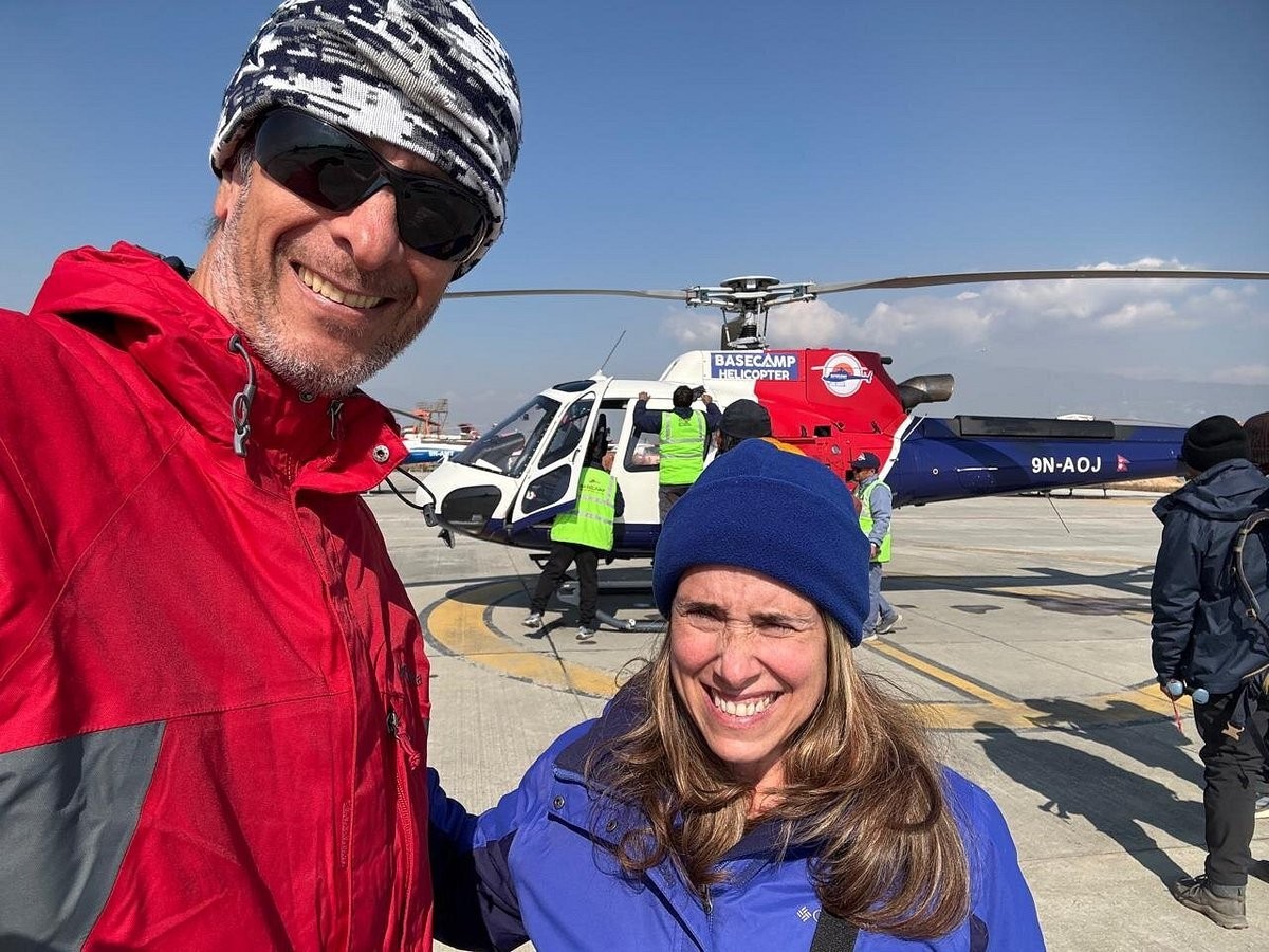 Everest Helicopter Tour from Kathmandu with passengers and helicopter refuelling at Lukla Airport.