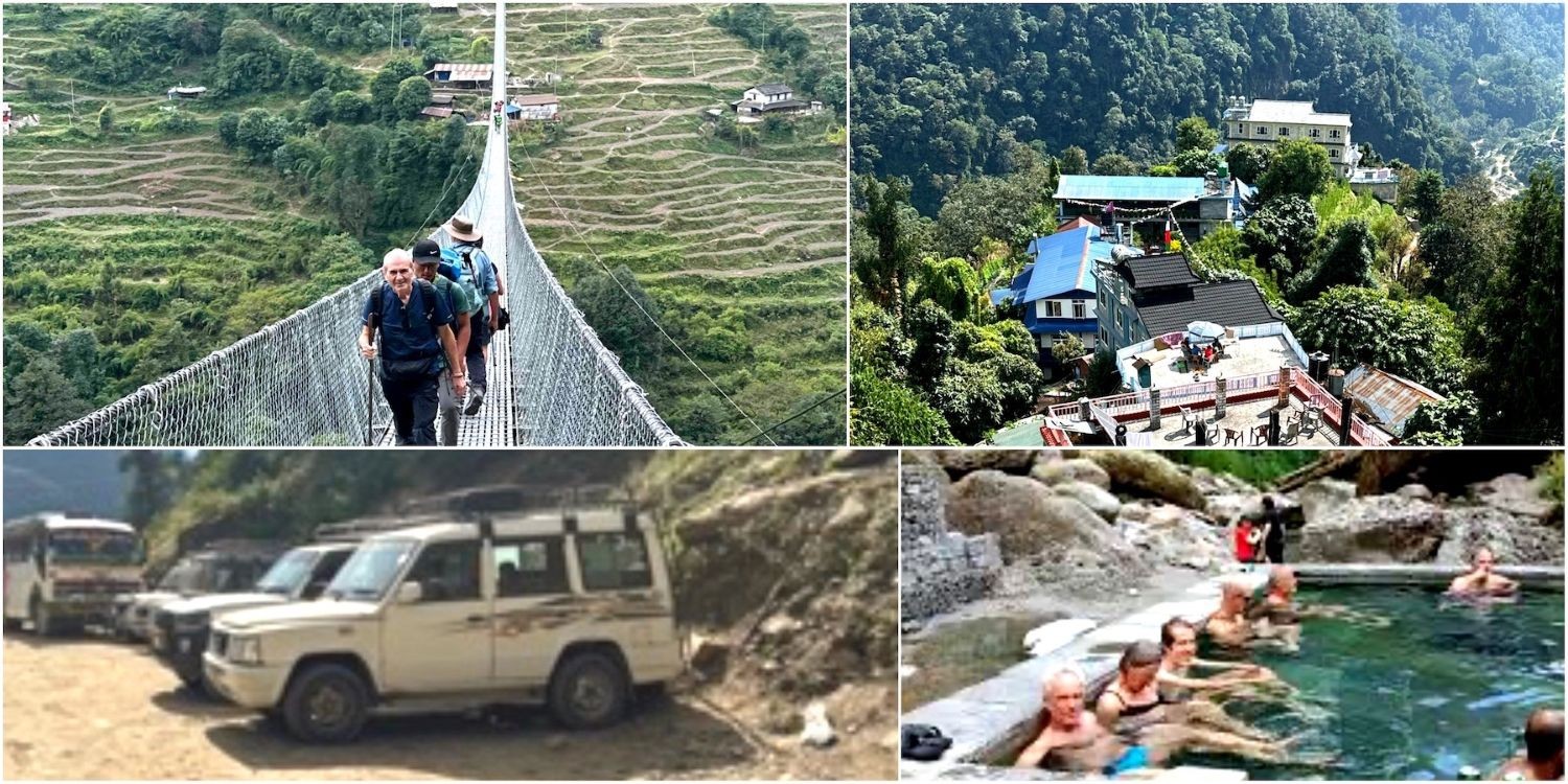 Natural hot springs at Jhinu Danda beside the Modi Khola River, surrounded by lush forest and peaceful Himalayan scenery, where trekkers relax after the Annapurna Base Camp Trek.