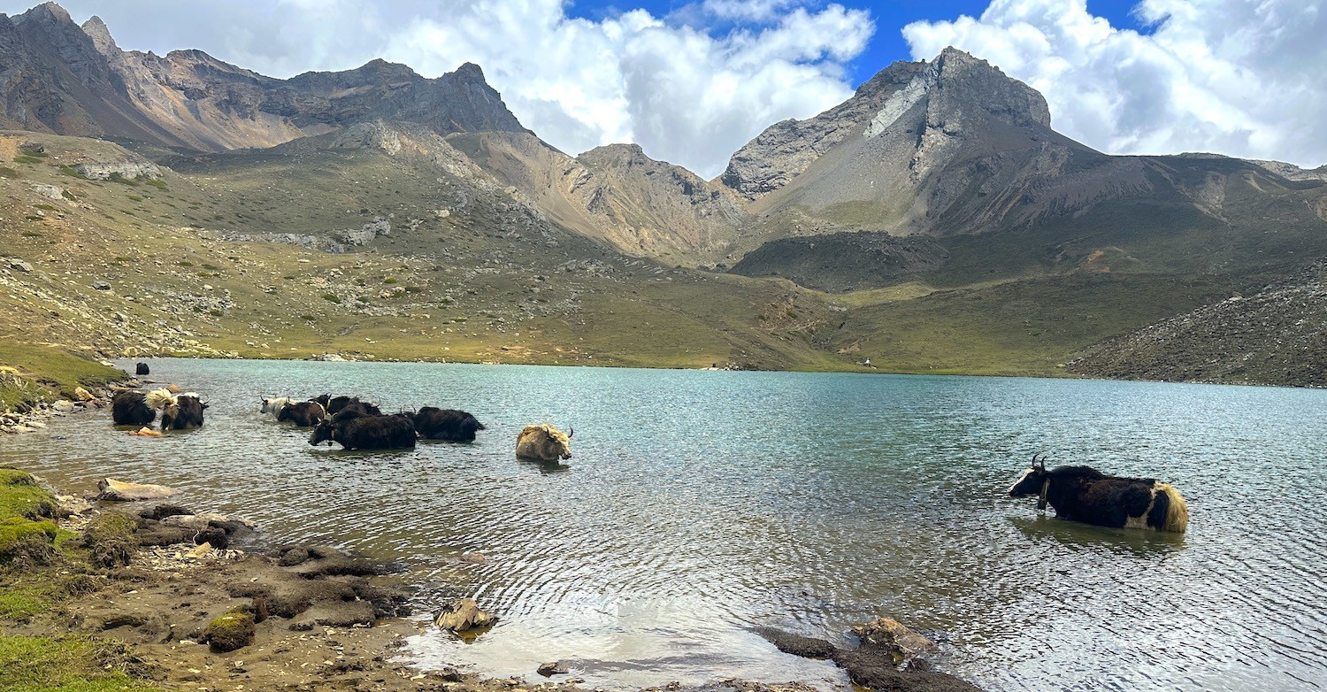  "Ice Lake near Manang on the Annapurna Circuit Trek with crystal-clear alpine water reflecting snow-covered Himalayan peaks under a deep blue sky in Nepal."