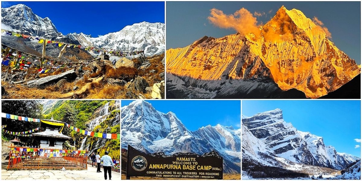 Annapurna Base Camp Trek 2027 featuring mountain views, prayer flags, and the Annapurna Base Camp sign.