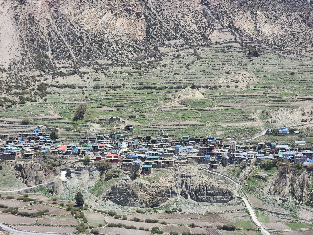 Traditional Manang Village surrounded by snow-capped Annapurna peaks, stone-built houses, ancient monasteries, colorful prayer flags, and dramatic Himalayan landscapes on the Annapurna Circuit Trek in Nepal.