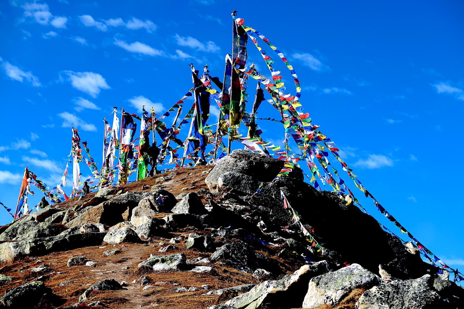 Prayer flags fluttering at the summit of Tserko Ri with panoramic Himalayan mountains in the Langtang Valley.