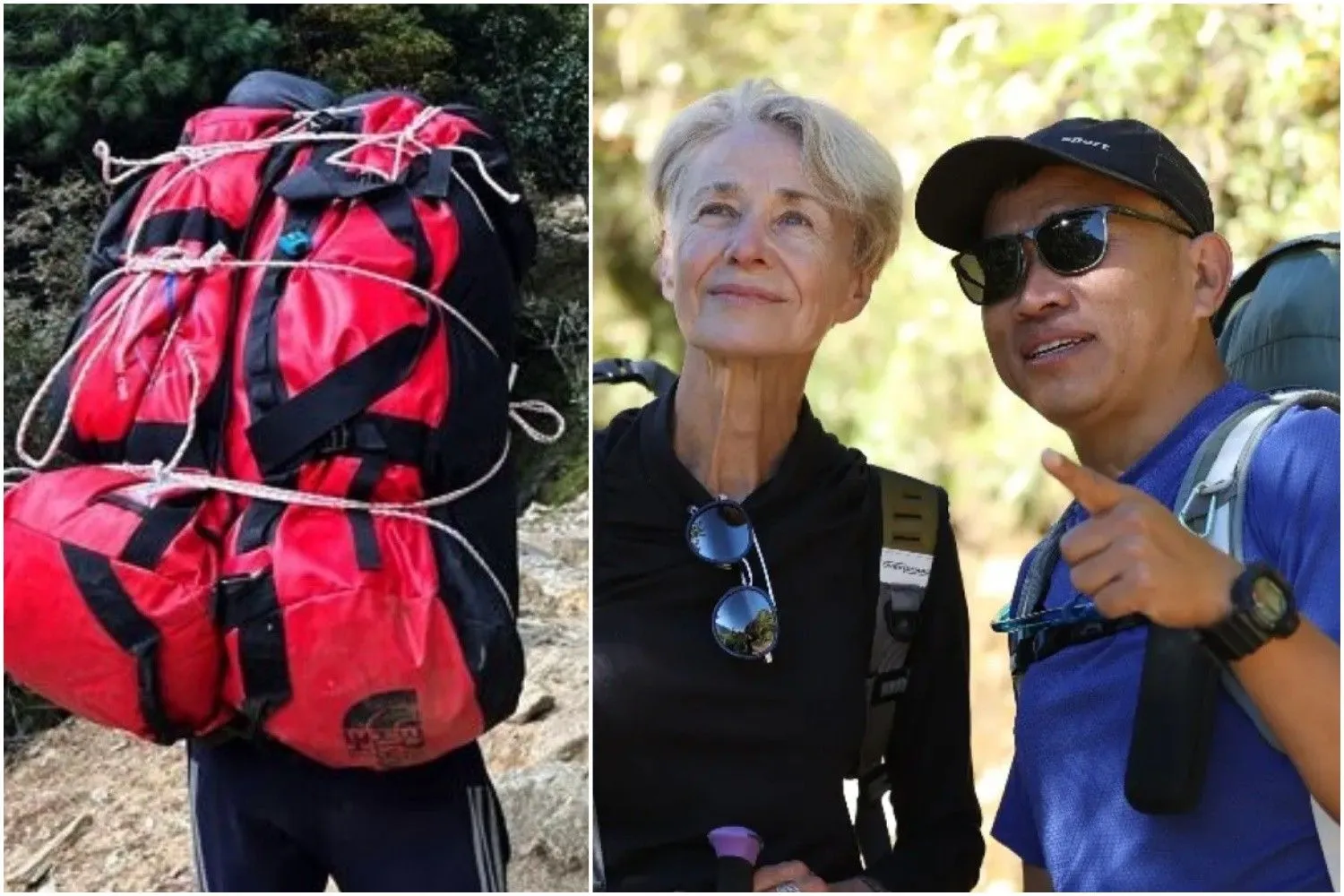 Professional trekking guide and porter leading trekkers on the Annapurna Base Camp Trek, carrying backpacks along a scenic Himalayan trail with snow-capped mountains, rhododendron forests, and traditional teahouses.