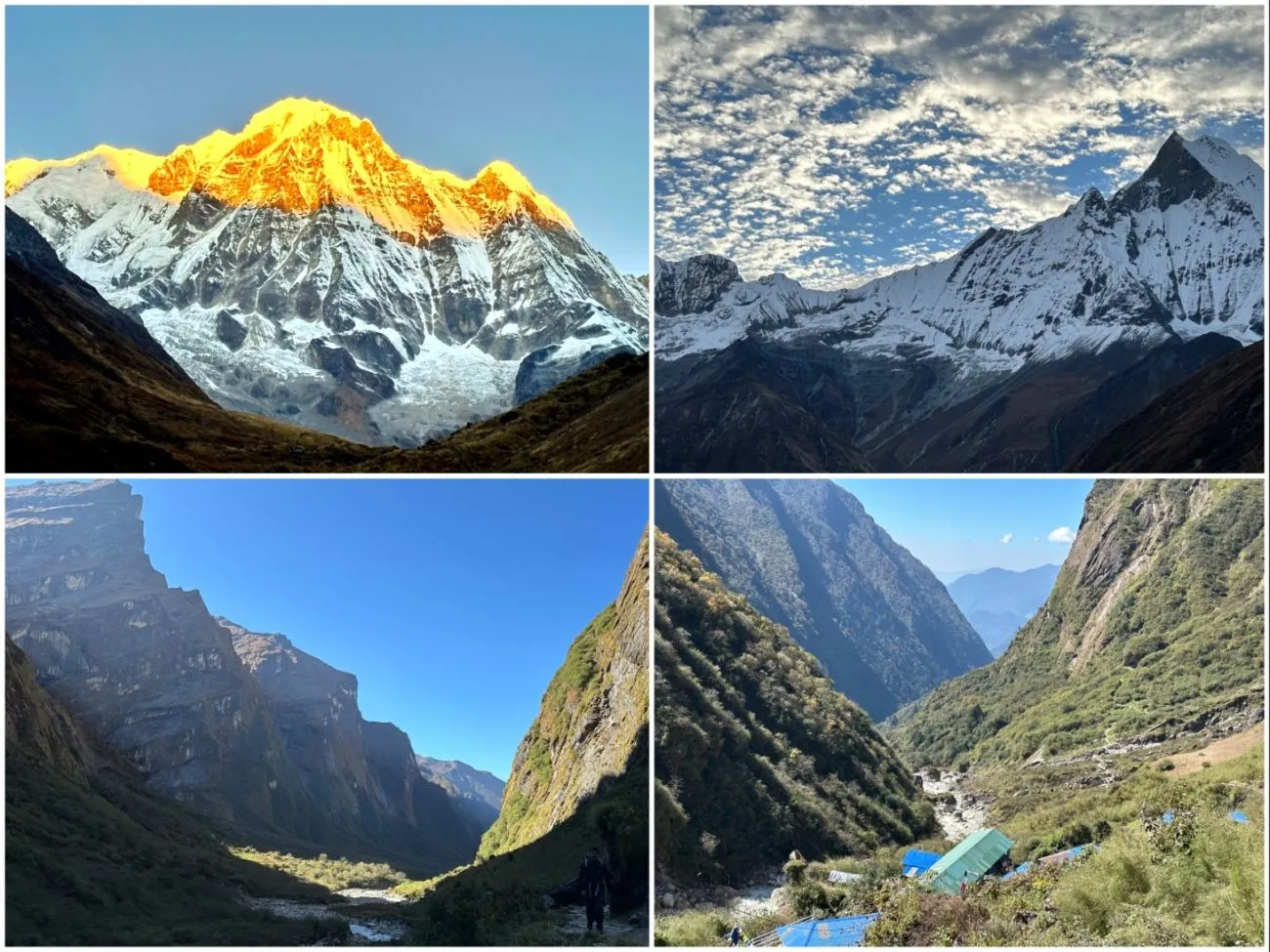Day 4 of the Annapurna Base Camp Trek showing the descent from Annapurna Base Camp through Machhapuchhre Base Camp, Deurali, Bamboo, and Sinuwa, featuring mountain views, forest trails, rivers, lodges, and trekkers on the return journey.