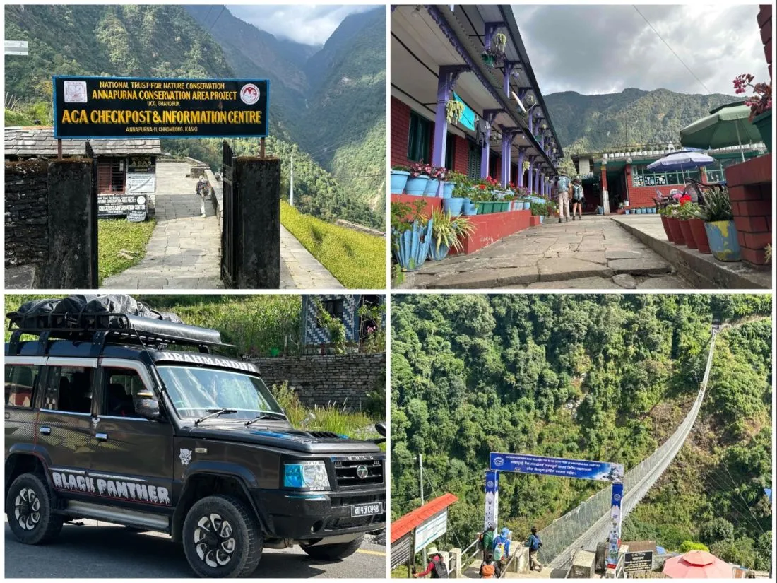 Day 1 of the Annapurna Base Camp Trek featuring an off-road jeep ride to Jhinu Danda, ACAP permit checkpoint, Jhinu suspension bridge, traditional villages, mountain lodges, and the trek to Sinuwa.