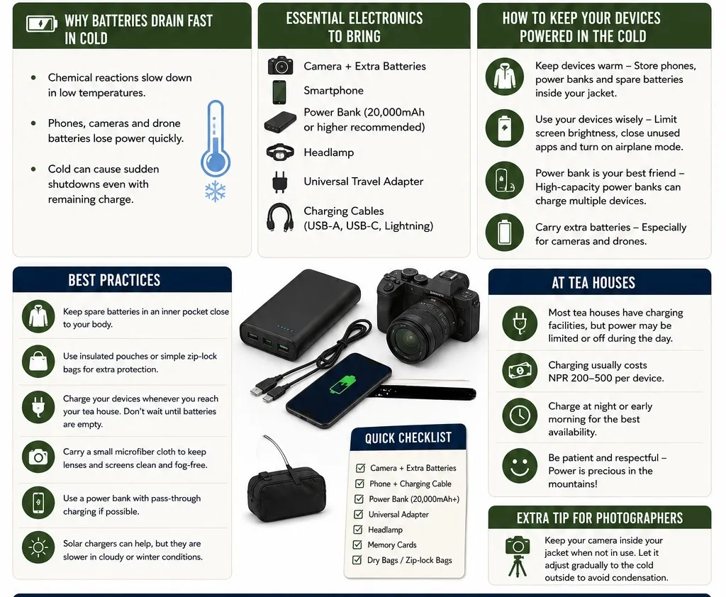 Essential electronics for the Annapurna Base Camp Trek including a smartphone, camera, power bank, charging cables, spare batteries, universal adapter, and headlamp, prepared for cold Himalayan conditions.