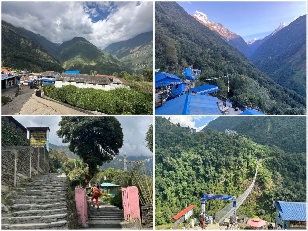 Day 1 on the Annapurna Base Camp Trek showing trekkers crossing the iconic suspension bridge above the passing through the traditional Gurung settlement of Chhomrong Village, and ascending the scenic trail to Sinuwa with panoramic mountain and valley views