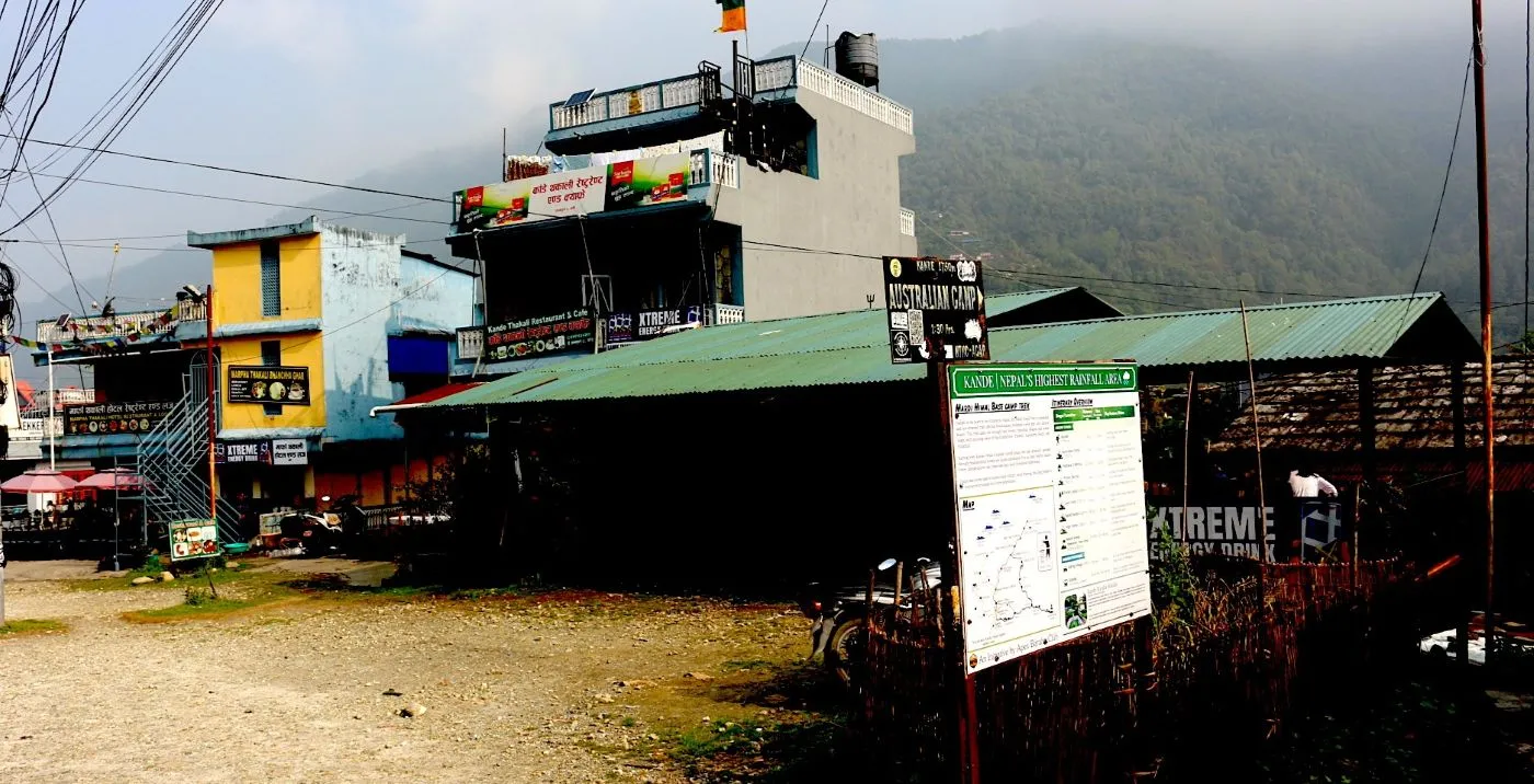 Trekkers beginning their journey at Kande, the starting point of the Mardi Himal Trek, with stone trails, terraced hillsides, traditional villages, and Himalayan landscapes stretching into the distance