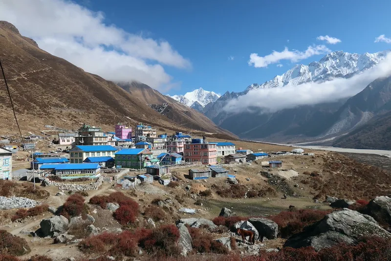 Kyanjin Gompa surrounded by Himalayan mountains in Langtang Valley, Nepal,