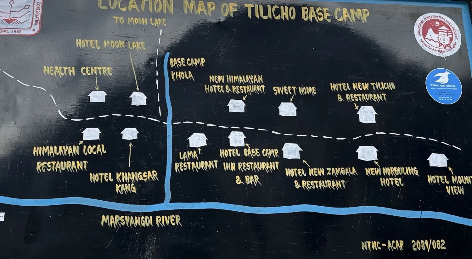 Map of Tilicho Base Camp lodges on the Annapurna Circuit Trek in Nepal, showing the location of accommodation, trekking routes, and surrounding Himalayan mountains.